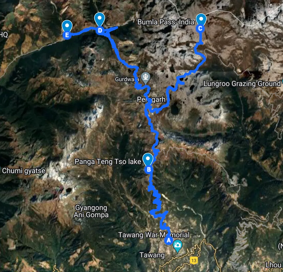 Map of the route taking in the tour itinerary to Bumla Pass from Tawang